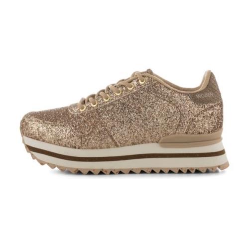 Glinsterende Leren Sneaker met Plateauzool Woden , Beige , Dames