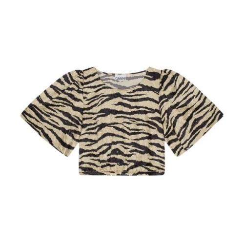 Zebra Print Gekreukeld Crop T-Shirt Ganni , Beige , Dames