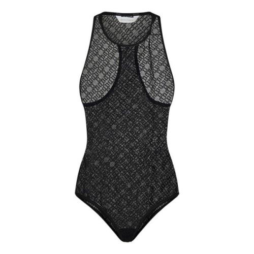 Zwarte kanten bodysuit met jacquard logo Palm Angels , Black , Dames