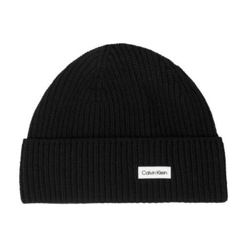 Zwarte Patch Beanie Calvin Klein , Black , Heren