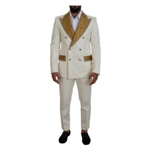 Off White Gouden Gestreepte Tuxedo Slim Fit Pak Dolce & Gabbana , Mult...