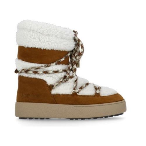 Bruine Leren Shearling Laarzen Moon Boot , Brown , Dames