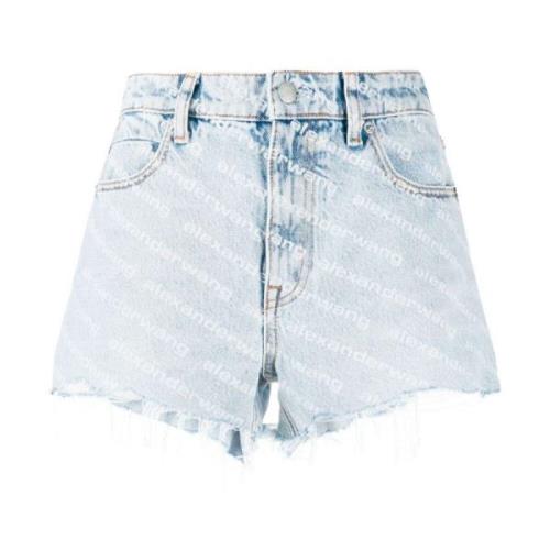 Logo Print High-Waisted Denim Shorts Alexander Wang , Blue , Dames