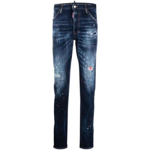 Blauwe Distressed Skinny Broek met Verfspat Detail Dsquared2 , Blue , ...