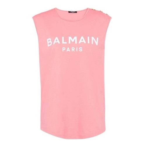 Zalm en wit katoenen T-shirt Balmain , Pink , Dames