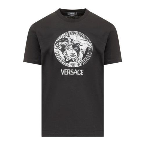 Zwart Crew Neck T-shirt met Geborduurd Medusa Logo Versace , Black , H...