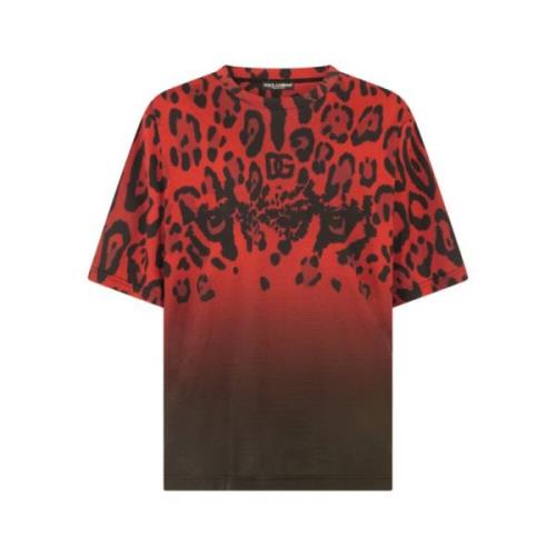 Rode Leopard Print Katoenen Jersey T-shirt Dolce & Gabbana , Multicolo...