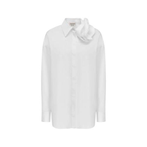 Witte Katoenen Poplin Gedrapeerde Orchideeën Blouse Alexander McQueen ...