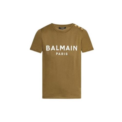 Bedrukt Logo Katoenen T-Shirt Balmain , Green , Dames