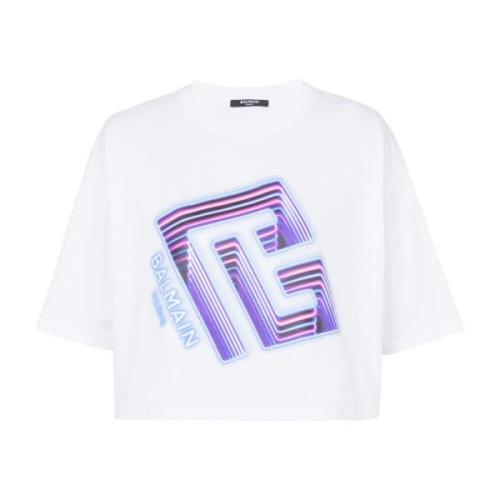 Crop T-shirt met neon bedrukt labyrintlogo Balmain , White , Dames