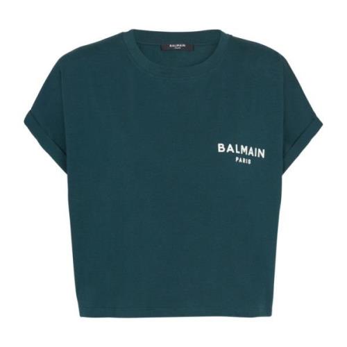 Flocked Paris cropped T-shirt Balmain , Green , Dames
