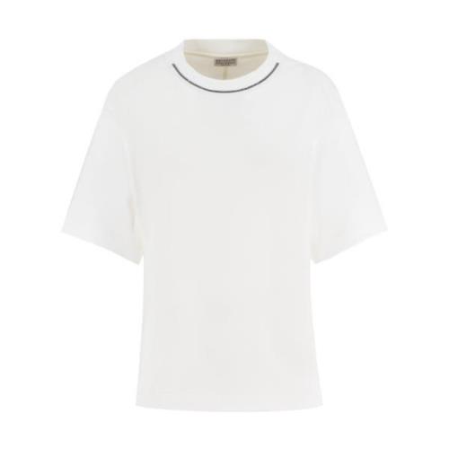 Katoenen T-shirt met Geborduurde Halslijn Brunello Cucinelli , White ,...