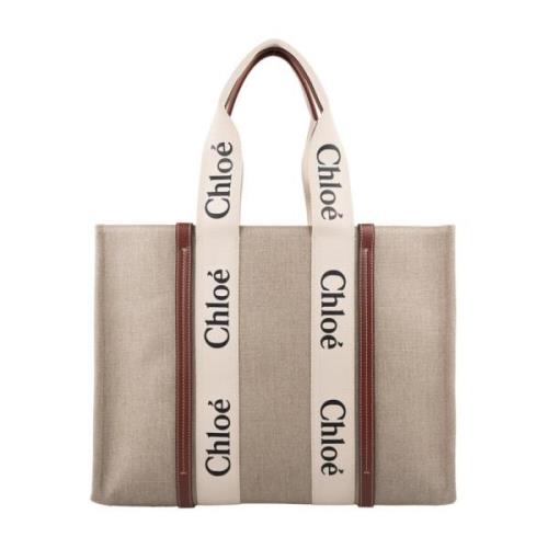 Woody Medium Shoppingtas met Leren Strepen Chloé , Brown , Dames