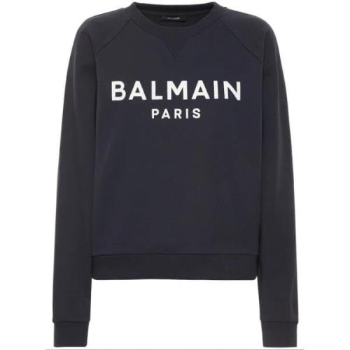 Blauwe Katoenen Trui met Logo Print Balmain , Blue , Dames