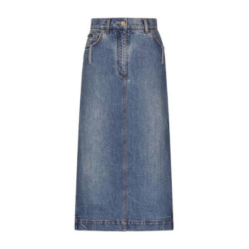 Logo-Plaque Midi Denim Rok Dolce & Gabbana , Blue , Dames