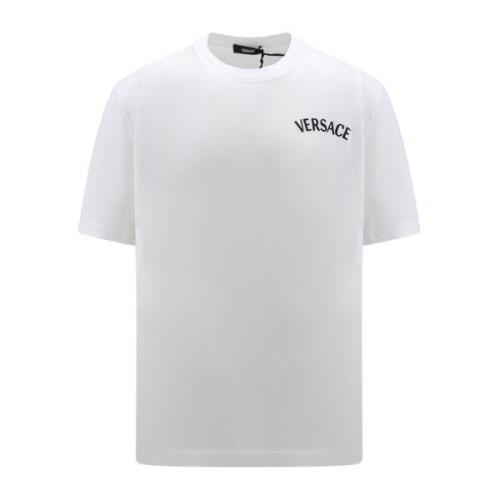 Katoenen T-Shirt met Logo Borduursel Versace , White , Heren