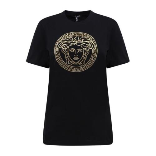 Logo Print Katoenen T-Shirt Versace , Black , Dames
