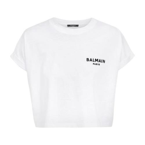 Flocked Paris cropped T-shirt Balmain , White , Dames