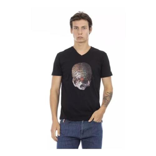Zwart V-Hals T-Shirt met Voorkant Print Trussardi , Black , Heren