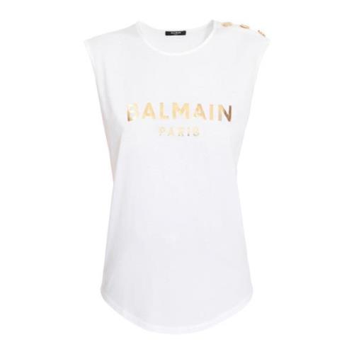 Katoenen T-shirt met logo print Balmain , White , Dames