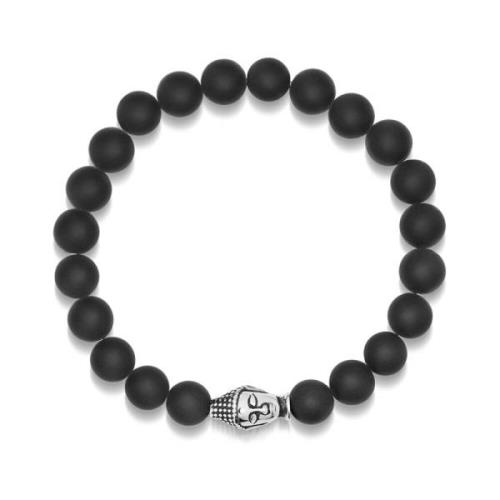 Men's Wristband with Matte Onyx and Buddha Nialaya , Gray , Heren