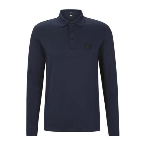 Lange Mouw Katoenen Polo met Logo Patch Hugo Boss , Blue , Heren