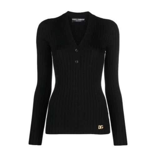 Zwarte Sweaters met V-Hals en Knopen Dolce & Gabbana , Black , Dames