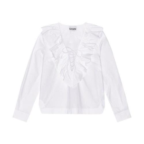 Witte Biologisch Katoenen Ruffle Kraag Shirt Ganni , White , Dames