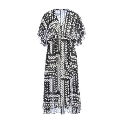 Zijden midi-jurk met geometrische print Eres , Black , Dames