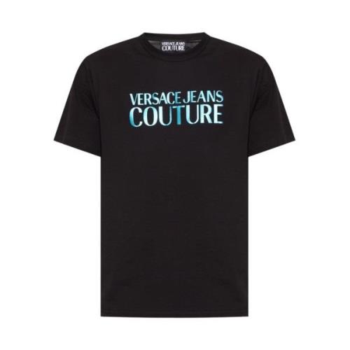 Logo T-shirt in zwart met blauwe merkprint Versace Jeans Couture , Bla...