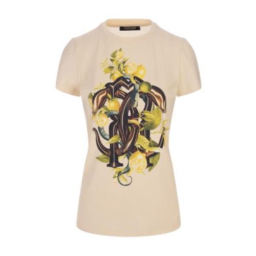 T-shirt met citroen- en slangprint Roberto Cavalli , White , Dames