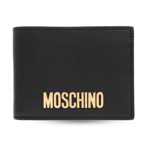 Leren portemonnee met logo Moschino , Black , Heren
