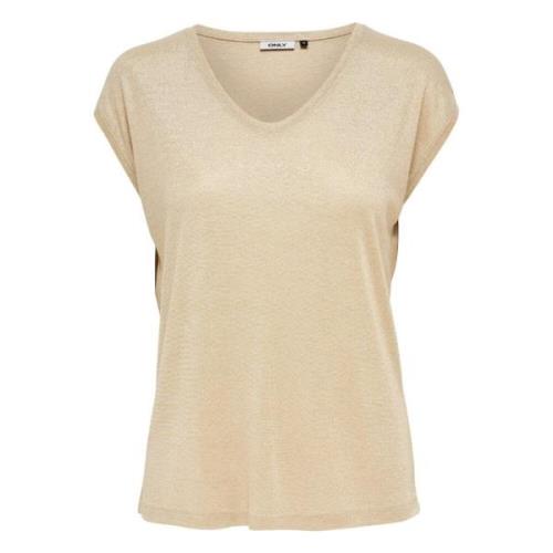 Dames-T-shirt Only Silvery manches courtes col V lurex Only , Beige , ...