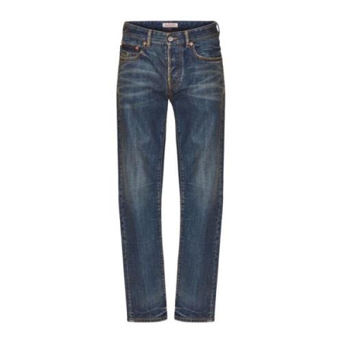 Blauwe V-Detail Straight-Leg Jeans Valentino , Blue , Heren