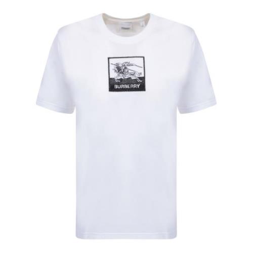 Wit Rondehals T-Shirt met Geborduurd Logo Burberry , White , Dames