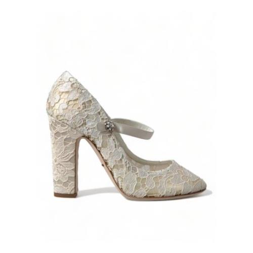 Witte Kant Blokhak Sandalen Dolce & Gabbana , Beige , Dames