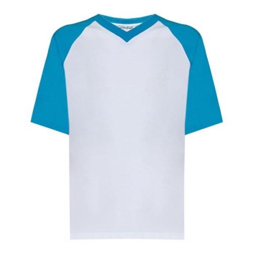 Witte Geribbelde V-hals T-shirt met Blauwe Mouwen Victoria Beckham , W...