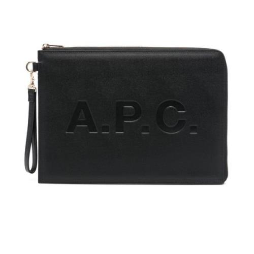 Zwarte Leren Clutch met Ingedrukt Logo A.p.c. , Black , Dames