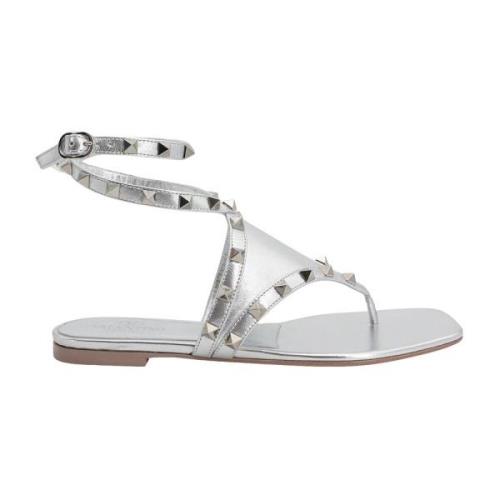 Rockstud Gelamineerde Leren Sandalen Valentino Garavani , Gray , Dames