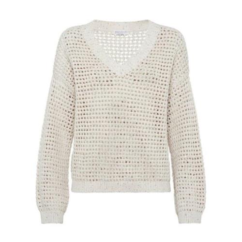 Beige V-Hals Katoenen Trui Brunello Cucinelli , White , Dames