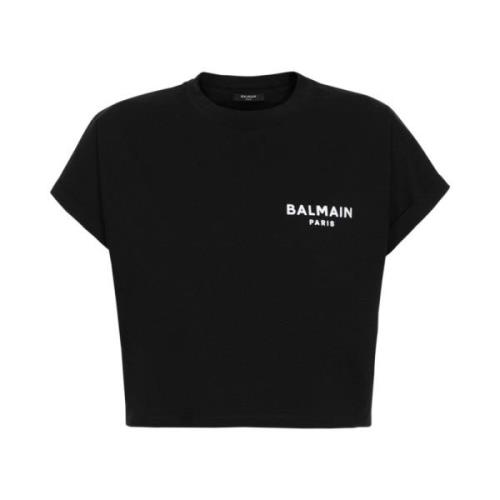 Cropped Logo T-shirt Balmain , Black , Dames