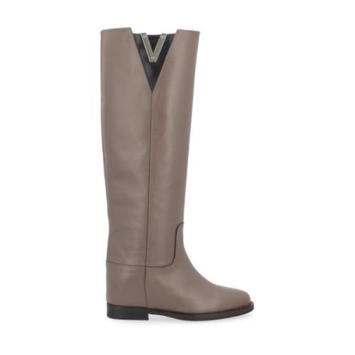 Taupe Leren Hoge Laarzen met Zilveren V-Detail Via Roma 15 , Beige , D...