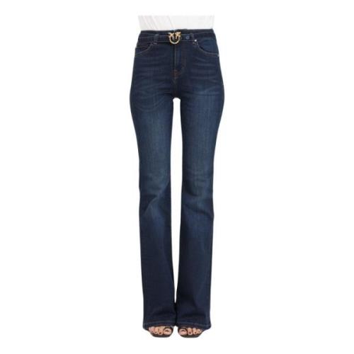 Flare-Fit Denim Jeans met Love Birds Diamond Cut Gesp Pinko , Blue , D...