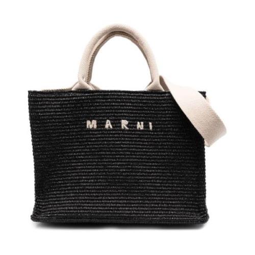 Zwarte geweven raffia tas met geborduurd logo Marni , Black , Dames