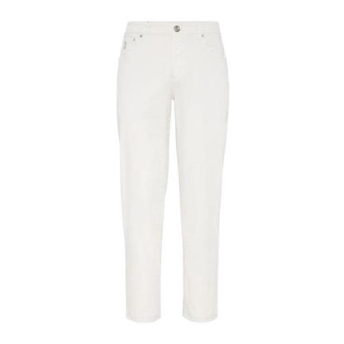 Witte Slim-Fit Jeans met Geborduurd Logo Brunello Cucinelli , White , ...