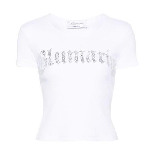 Witte Geribbelde T-shirt met Strass Logo Blumarine , White , Dames