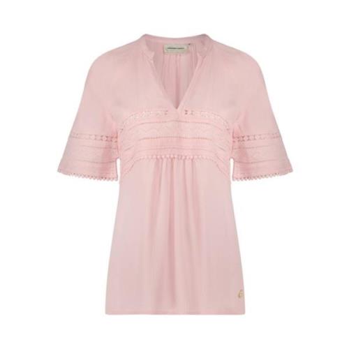 Roze V-hals top met pompom en openwork details Fabienne Chapot , Pink ...