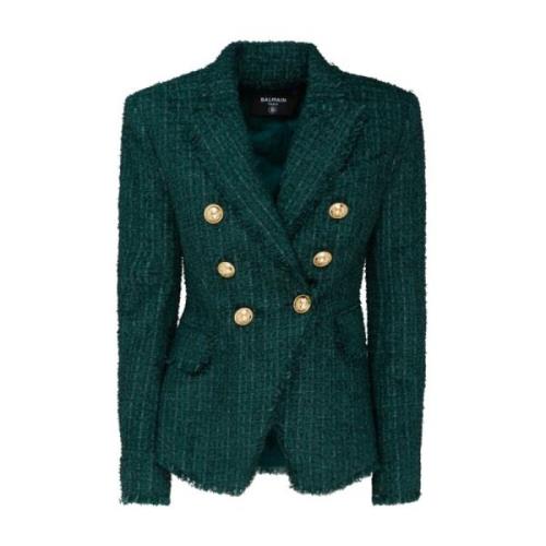 Groen en Zwart Wolmix Tweed Jas Balmain , Green , Dames