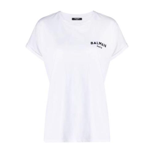 Elegant Flock Detail T-Shirt Balmain , White , Dames