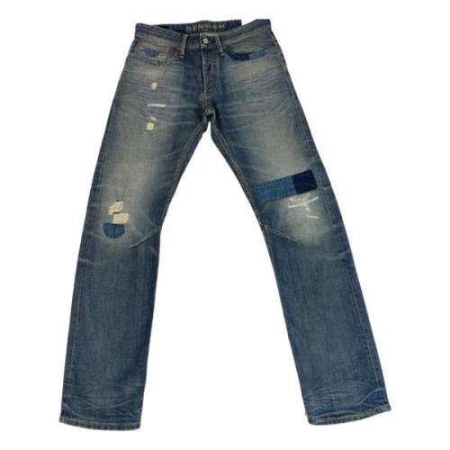 Destroyed Straight Fit Donkerblauwe Jeans met Knoopsluiting Denham , B...